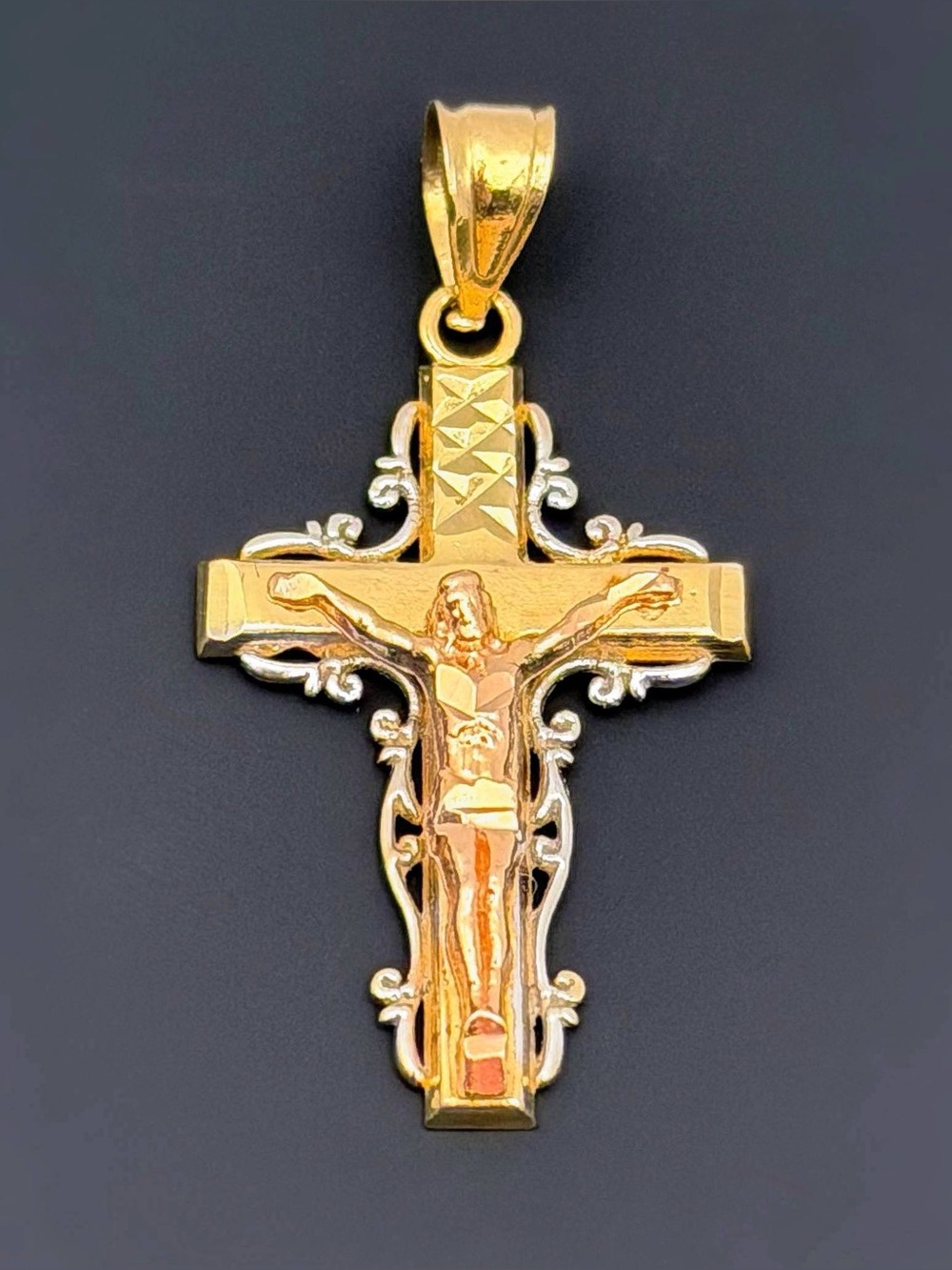 14k Solid Yellow Rose White Gold Three Tone Cross Diamond Cut Religious Charm Pe